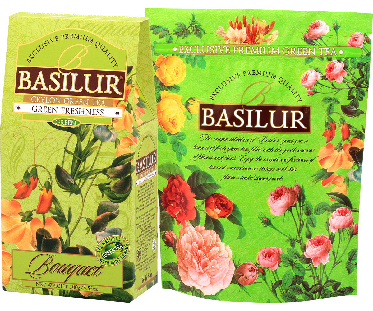 Opakowanie herbaty Basilur Green Freshness wraz z ozdobnym tłem z kwiatowym wzorem.