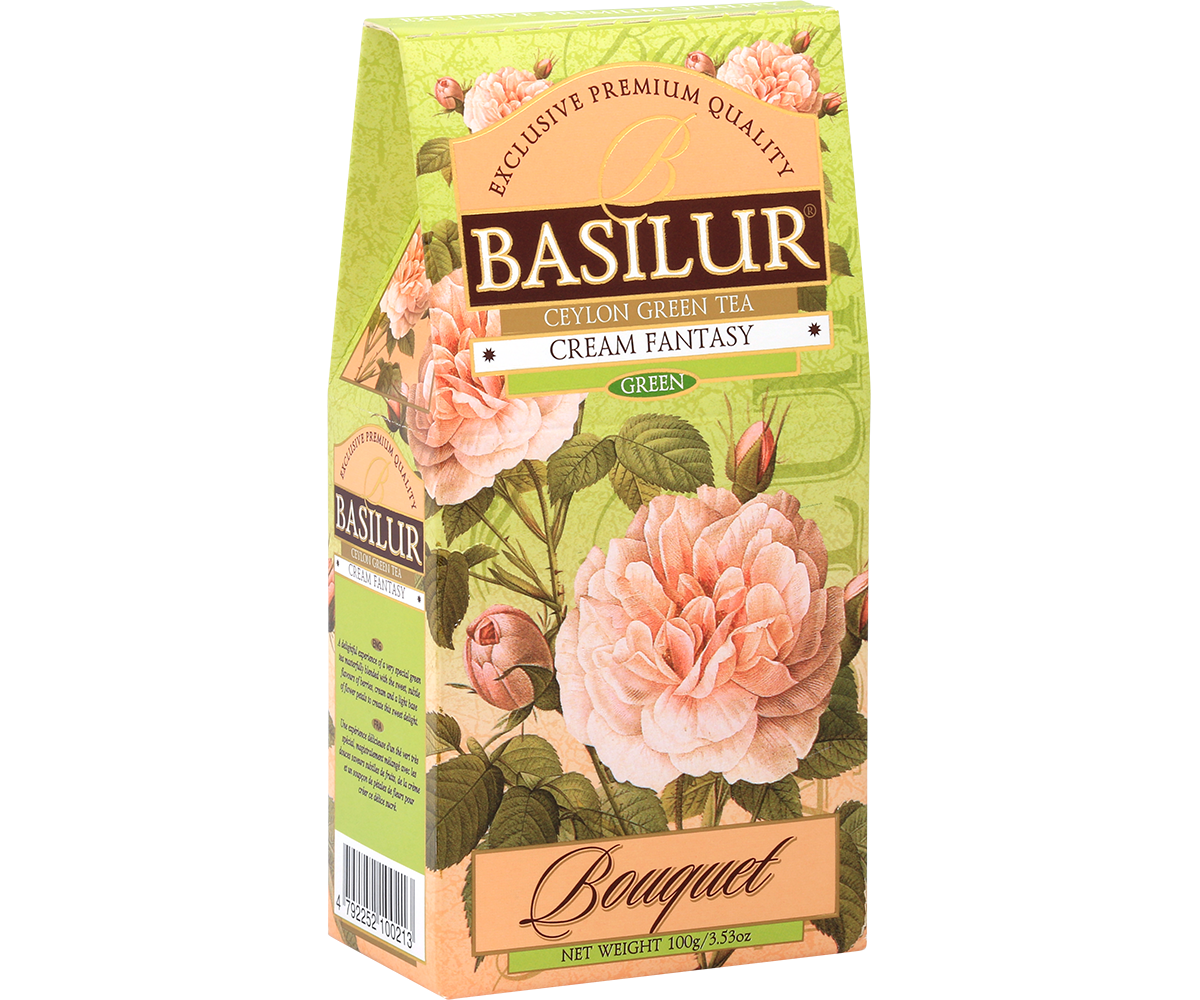 Bok pudełka Basilur Cream Fantasy z opisem i logo marki Basilur.