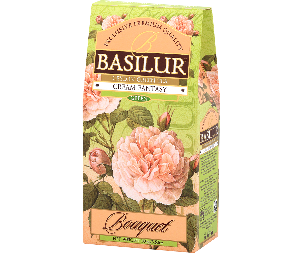 Zielona herbata Basilur Cream Fantasy w ozdobnym pudełku z różami, widok z prawej strony.