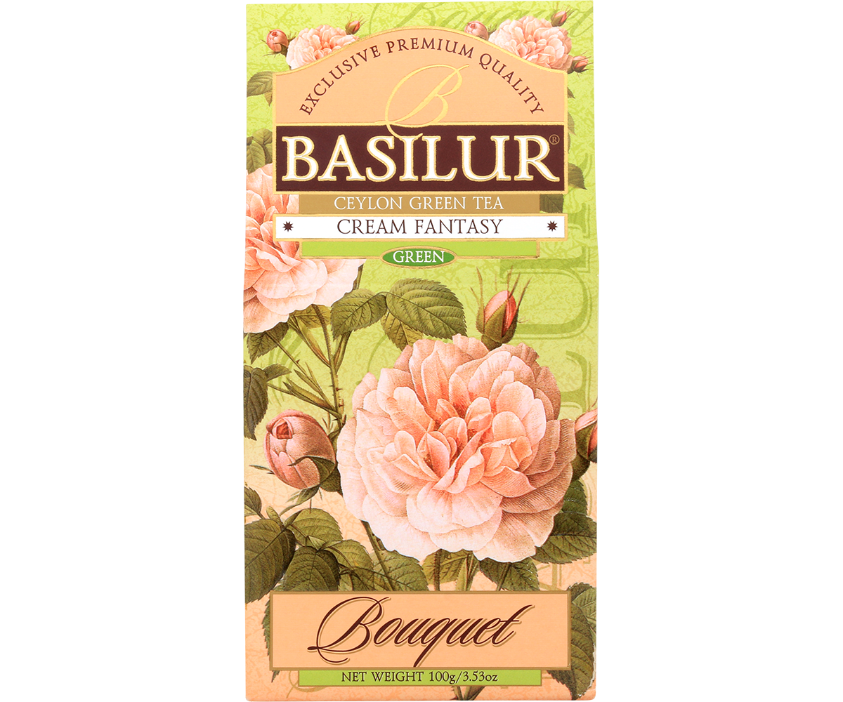 Opakowanie herbaty Basilur Cream Fantasy 100 g z serii Bouquet, widok z przodu.