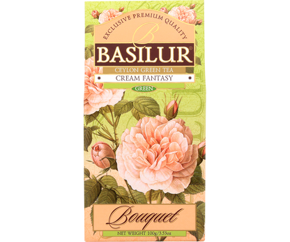 Opakowanie herbaty Basilur Cream Fantasy 100 g z serii Bouquet, widok z przodu.