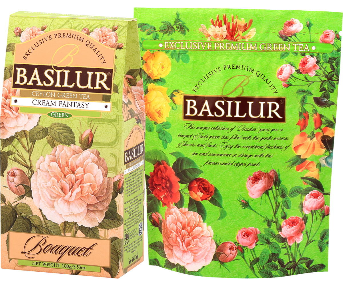 Herbata Basilur Cream Fantasy obok opakowania z motywem kwiatów, seria Bouquet.