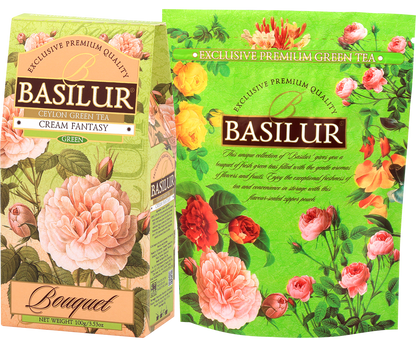 Herbata Basilur Cream Fantasy obok opakowania z motywem kwiatów, seria Bouquet.