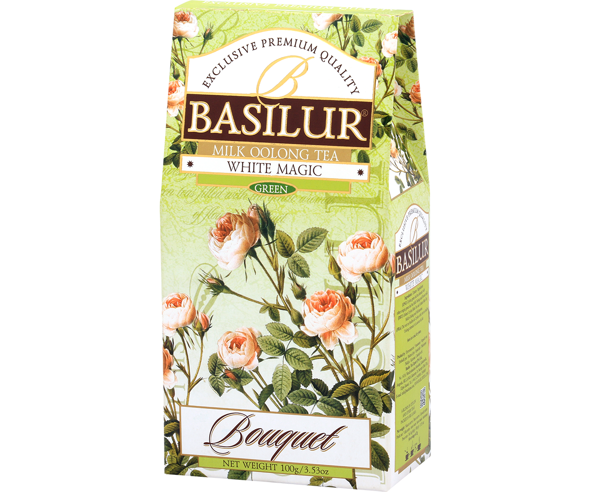 Bok pudełka herbaty Basilur White Magic – elegancka zielona herbata oolong.