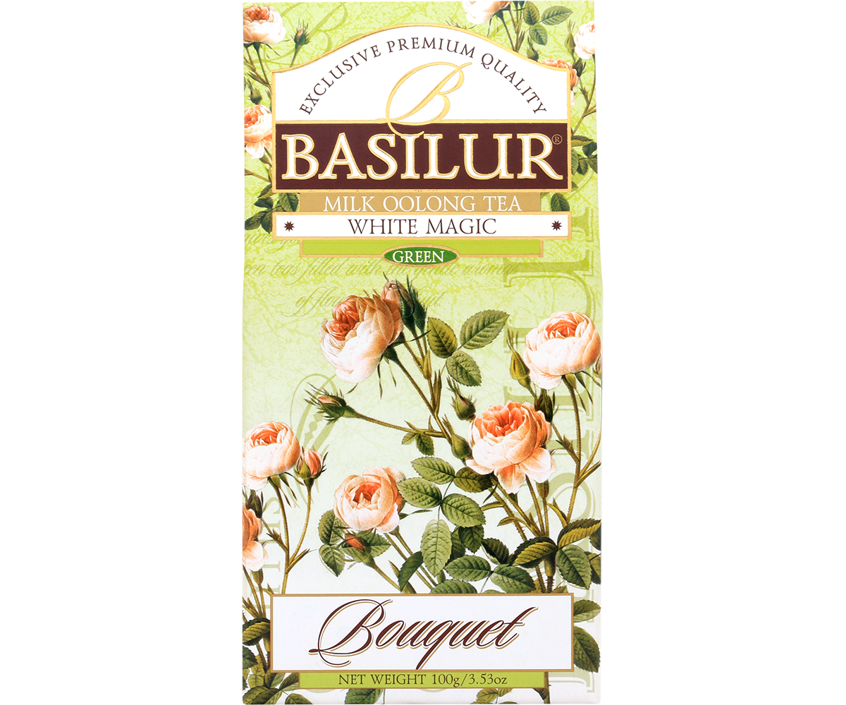 Przód opakowania herbaty Basilur White Magic z serii Bouquet, ozdobiony delikatnymi kwiatami.