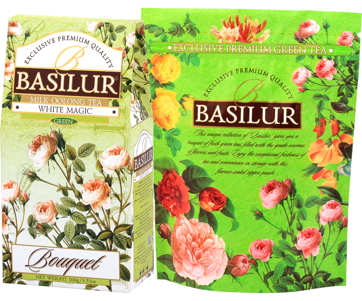 Opakowanie Basilur White Magic wraz z ozdobnym tłem kwiatowym, seria Bouquet.
