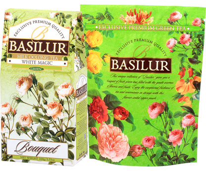 Opakowanie Basilur White Magic wraz z ozdobnym tłem kwiatowym, seria Bouquet.