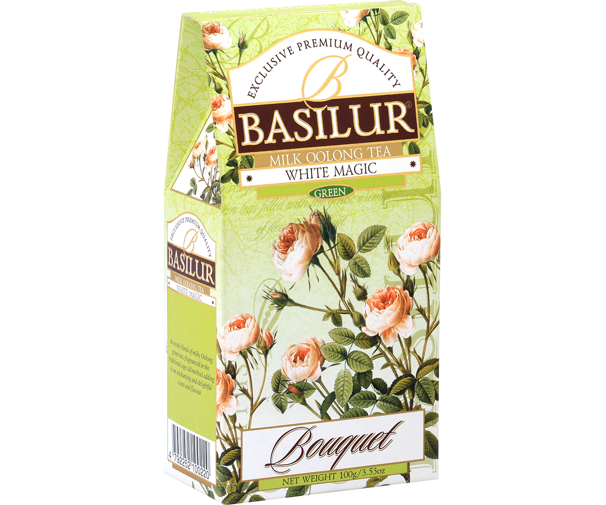 Herbata Basilur White Magic w kwiatowym opakowaniu, luksusowa mieszanka mleczna oolong.