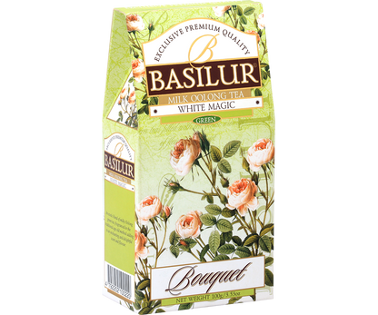 Herbata Basilur White Magic w kwiatowym opakowaniu, luksusowa mieszanka mleczna oolong.