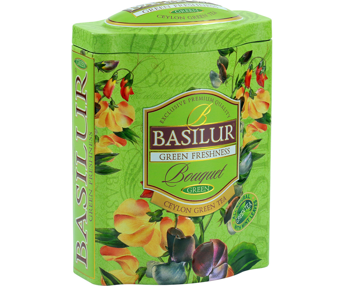 Bok puszki Basilur Green Freshness – dekoracyjne, zielone opakowanie herbaty cejlońskiej.