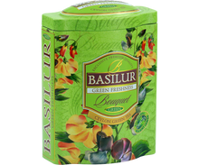 Bok puszki Basilur Green Freshness – dekoracyjne, zielone opakowanie herbaty cejlońskiej.