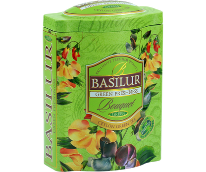 Bok puszki Basilur Green Freshness – dekoracyjne, zielone opakowanie herbaty cejlońskiej.