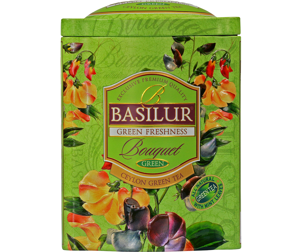 Herbata Basilur Green Freshness w ozdobnej zielonej puszce z kwiatowym wzorem.