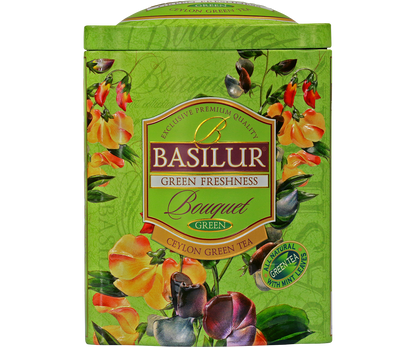 Herbata Basilur Green Freshness w ozdobnej zielonej puszce z kwiatowym wzorem.