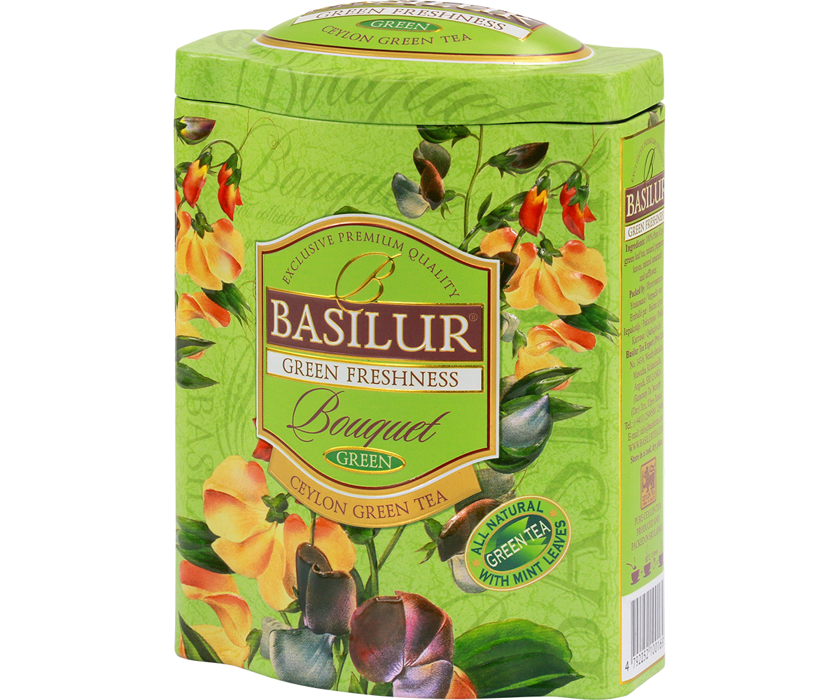 Puszka Basilur Green Freshness – eleganckie opakowanie herbaty z kwiatowym motywem.