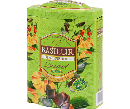 Puszka Basilur Green Freshness – eleganckie opakowanie herbaty z kwiatowym motywem.