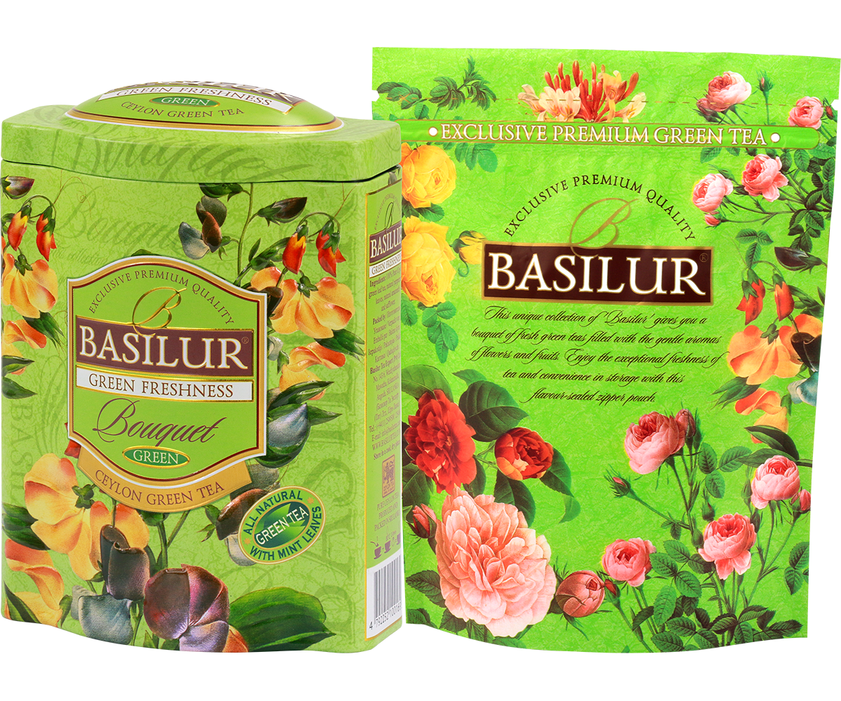 Zestaw Basilur Green Freshness – puszka i foliowe opakowanie zielonej herbaty.