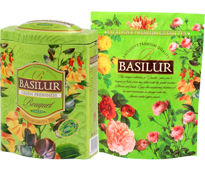 Zestaw Basilur Green Freshness – puszka i foliowe opakowanie zielonej herbaty.