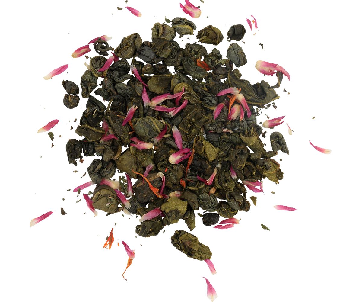 Liście herbaty Basilur Green Freshness – zielona herbata z płatkami kwiatów i miętą.