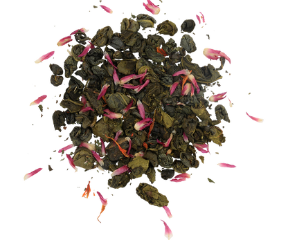 Liście herbaty Basilur Green Freshness – zielona herbata z płatkami kwiatów i miętą.