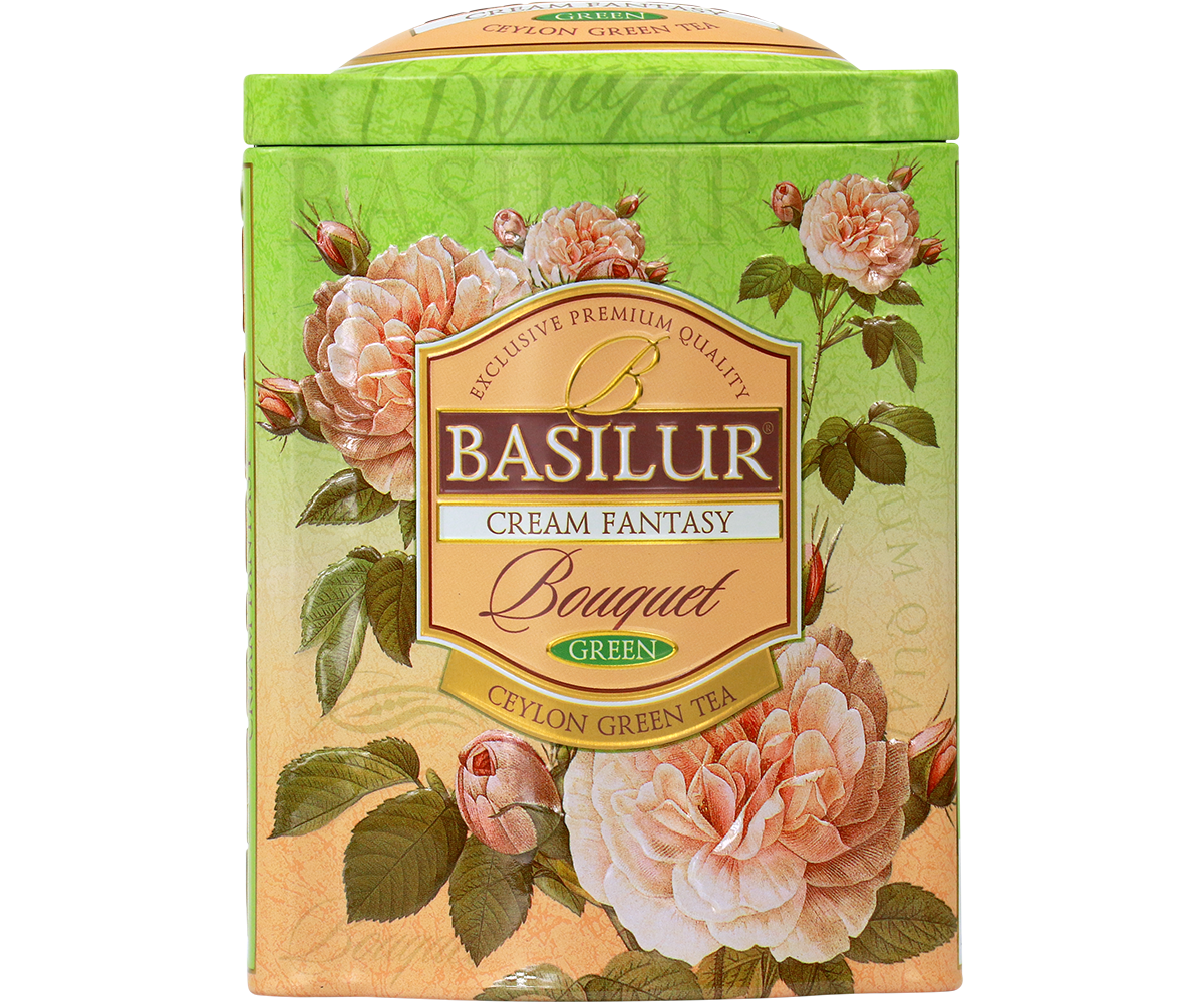 Przód puszki herbaty Basilur Cream Fantasy – elegancki design z kwiatami róż i logo marki.