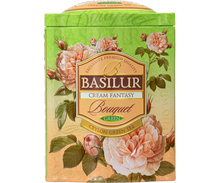 Przód puszki herbaty Basilur Cream Fantasy – elegancki design z kwiatami róż i logo marki.