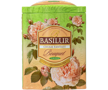Przód puszki herbaty Basilur Cream Fantasy – elegancki design z kwiatami róż i logo marki.