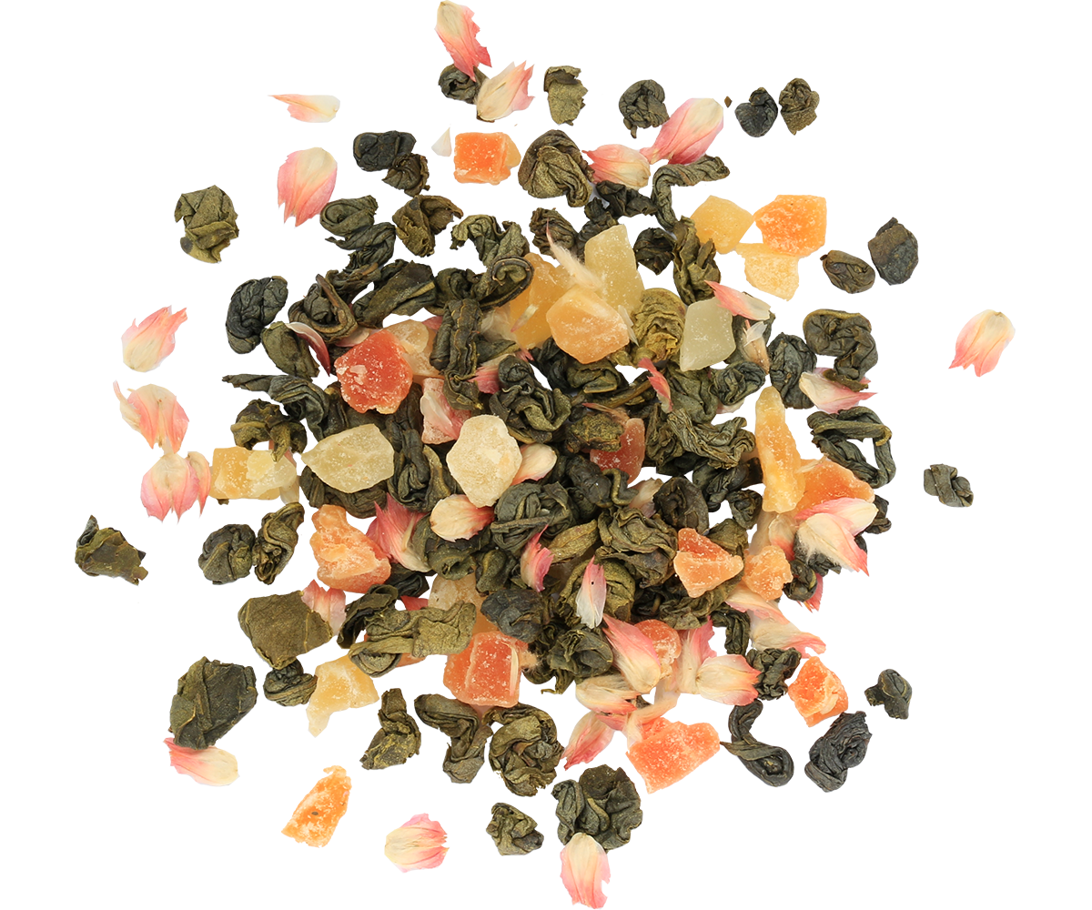 Susz herbaty Basilur Cream Fantasy z kawałkami owoców i płatkami kwiatów – zielona herbata premium.