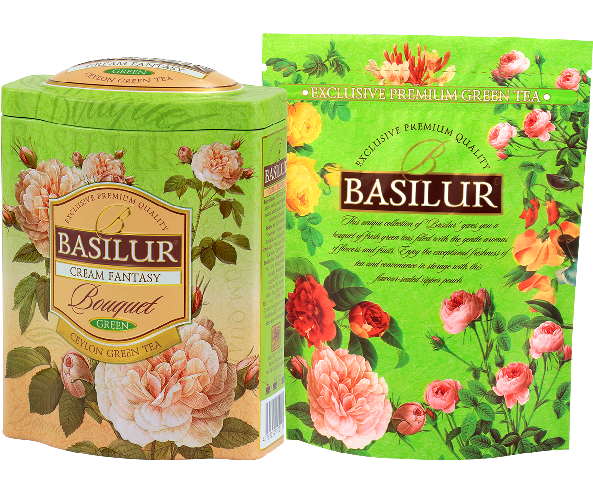 Opakowanie i puszka Basilur Cream Fantasy z serii Bouquet w odcieniach zieleni i kwiatowych motywów.
