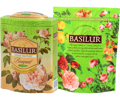 Opakowanie i puszka Basilur Cream Fantasy z serii Bouquet w odcieniach zieleni i kwiatowych motywów.