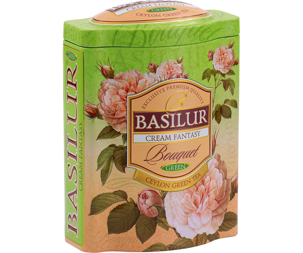 Puszka herbaty Basilur Cream Fantasy widoczna z boku, klasyczny design serii Bouquet.