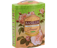 Puszka herbaty Basilur Cream Fantasy widoczna z boku, klasyczny design serii Bouquet.