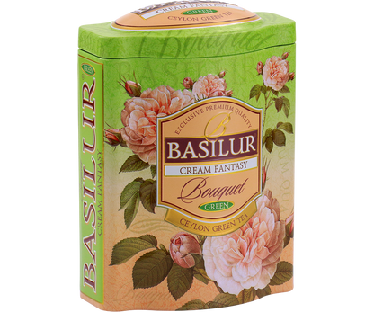 Puszka herbaty Basilur Cream Fantasy widoczna z boku, klasyczny design serii Bouquet.