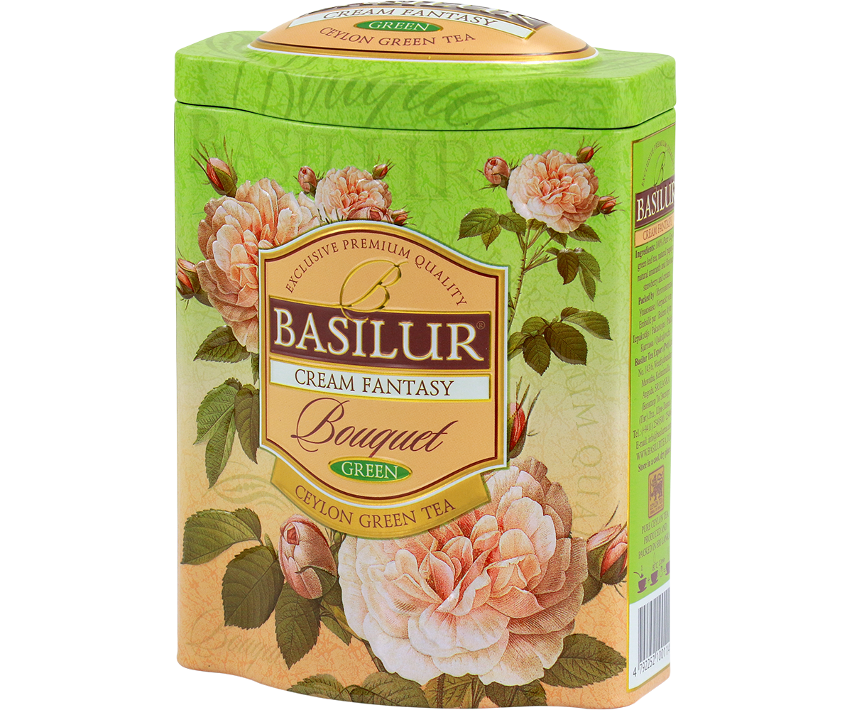 Zielona herbata Basilur Cream Fantasy w ozdobnej puszce z serii Bouquet – elegancki produkt premium.