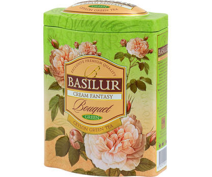 Zielona herbata Basilur Cream Fantasy w ozdobnej puszce z serii Bouquet – elegancki produkt premium.
