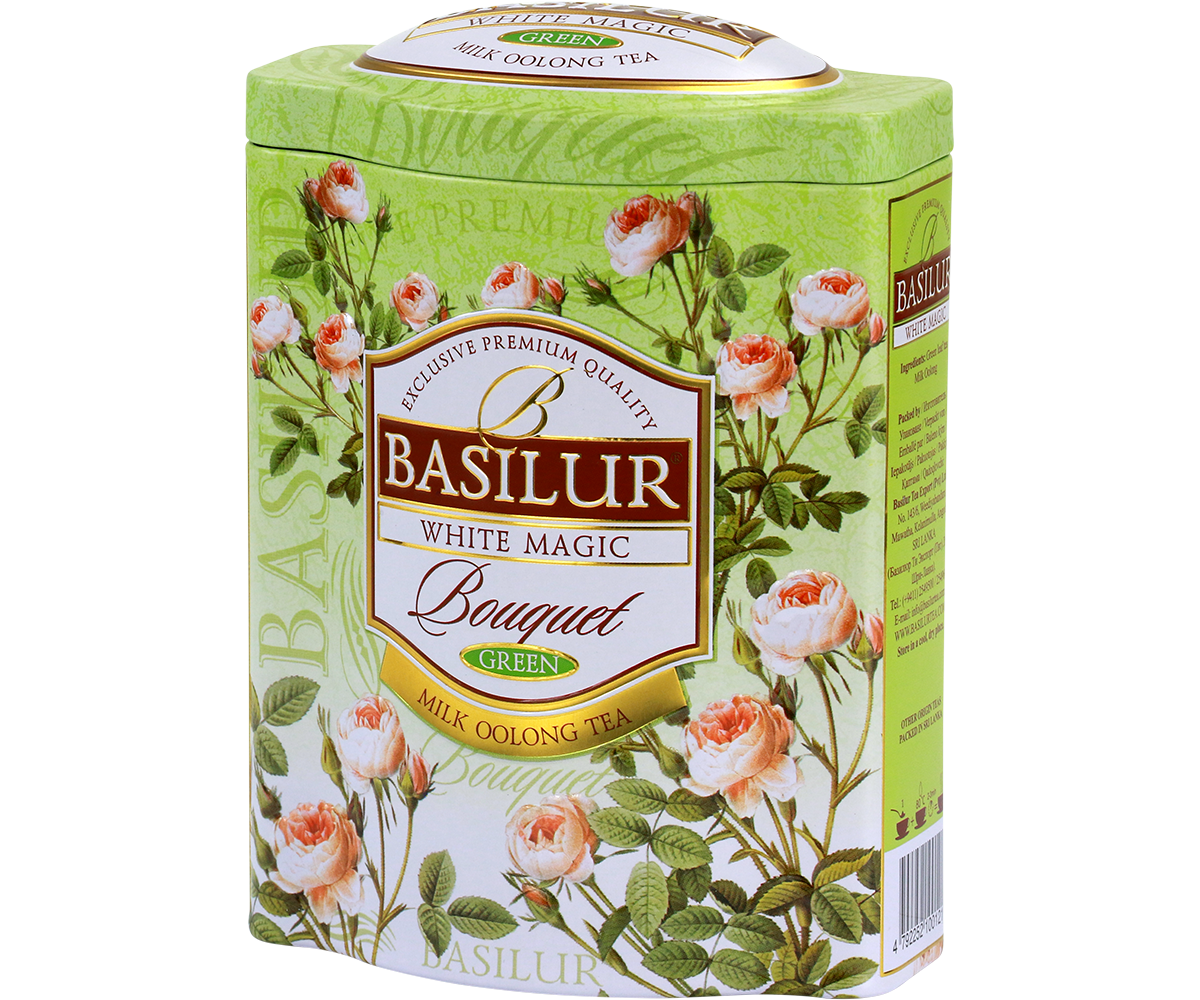 Bok puszki Basilur White Magic – elegancki wzór z różami.