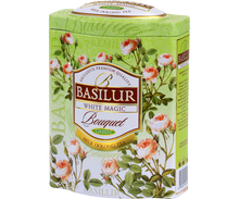 Bok puszki Basilur White Magic – elegancki wzór z różami.