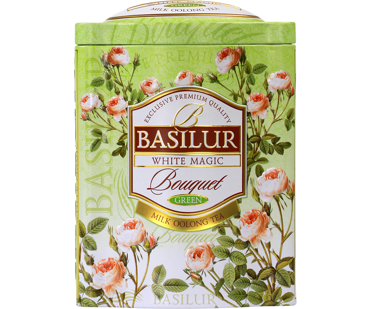 Herbata Basilur White Magic – ozdobna puszka z kwiatowym motywem.