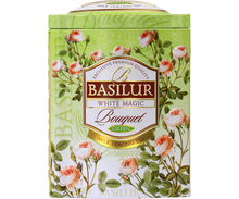 Herbata Basilur White Magic – ozdobna puszka z kwiatowym motywem.
