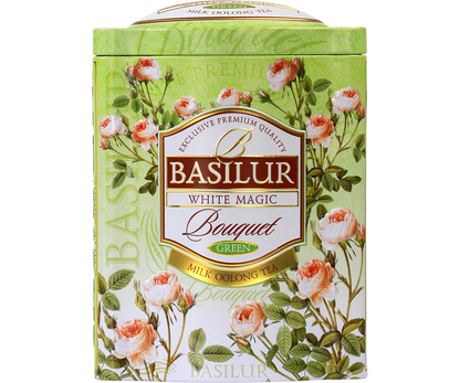 Herbata Basilur White Magic – ozdobna puszka z kwiatowym motywem.