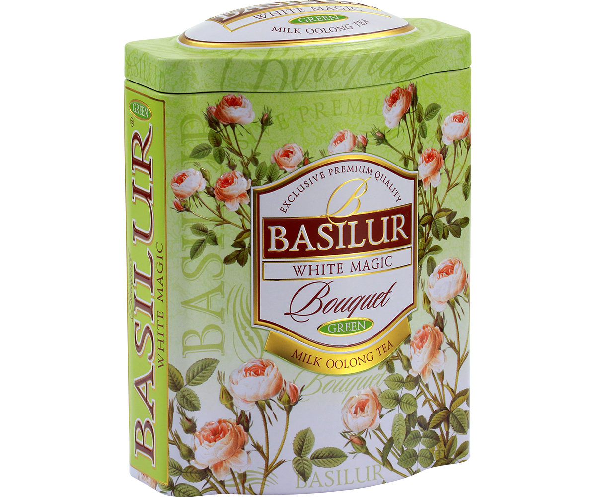 Puszka herbaty Basilur White Magic – klasyczne opakowanie w pastelowych barwach.