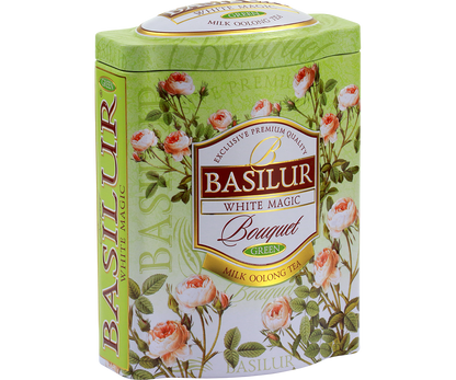Puszka herbaty Basilur White Magic – klasyczne opakowanie w pastelowych barwach.