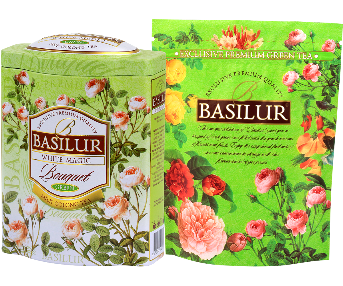 Zestaw Basilur White Magic – puszka i foliowe opakowanie herbaty Milk Oolong.