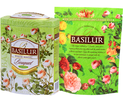 Zestaw Basilur White Magic – puszka i foliowe opakowanie herbaty Milk Oolong.