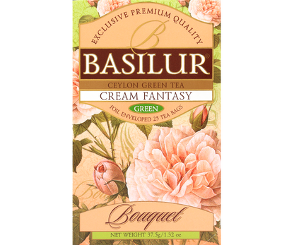 Przód opakowania Basilur Cream Fantasy z kwiatowym motywem.