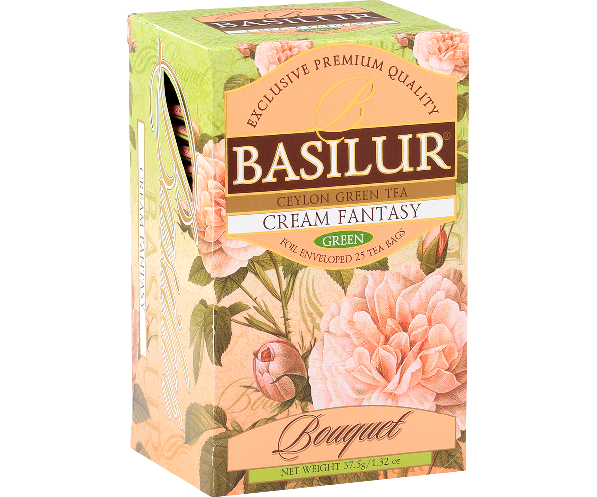 Bok pudełka Basilur Cream Fantasy z logo marki.