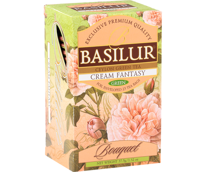 Bok pudełka Basilur Cream Fantasy z logo marki.