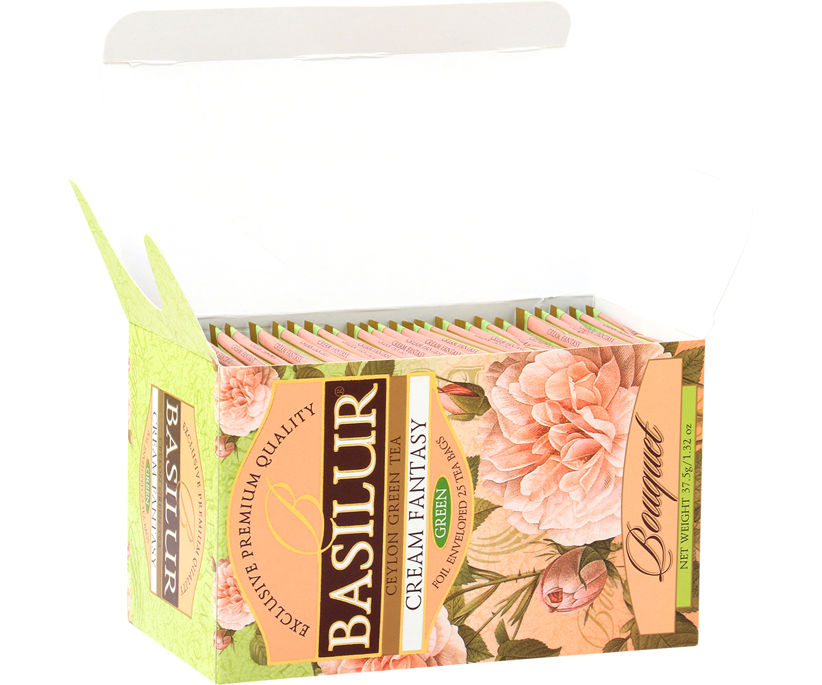 Otwarte pudełko herbaty Basilur Cream Fantasy z kopertami herbaty.