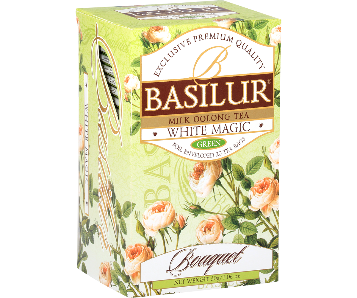 Przód pudełka herbaty Basilur White Magic Milk Oolong Tea Green z eleganckim logo i wzorem róż.