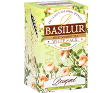 Przód pudełka herbaty Basilur White Magic Milk Oolong Tea Green z eleganckim logo i wzorem róż.